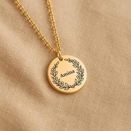 Botanical Wreath Name Coin Necklace, Personalized Gift for Her