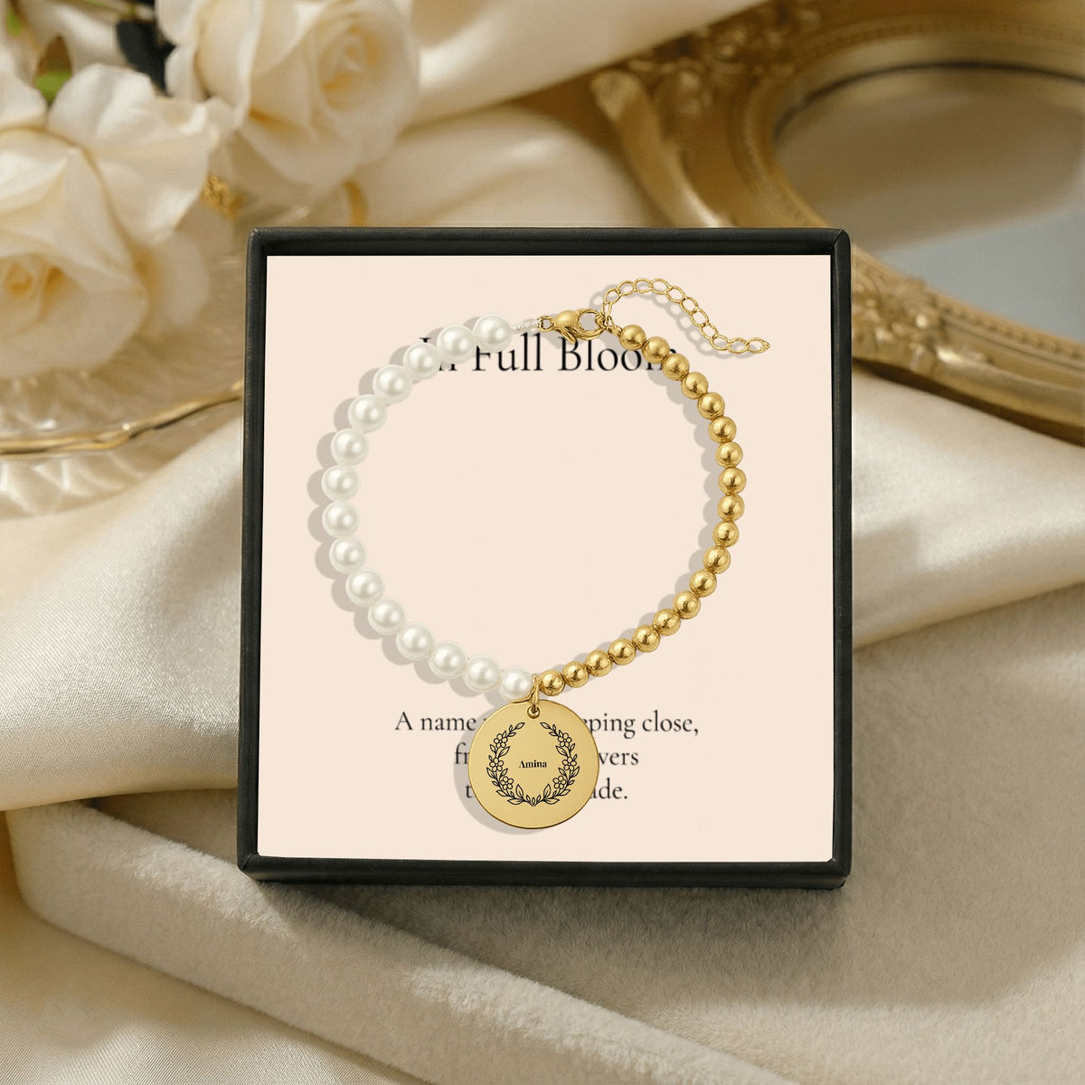 Botanical Wreath Name Pearl Bracelet, Personalized Gift for Mom