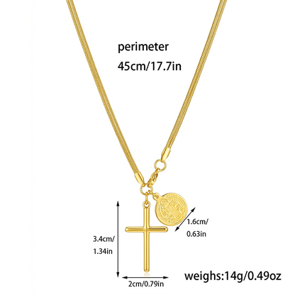 St Benedict medal cross necklace laid flat showing full length
