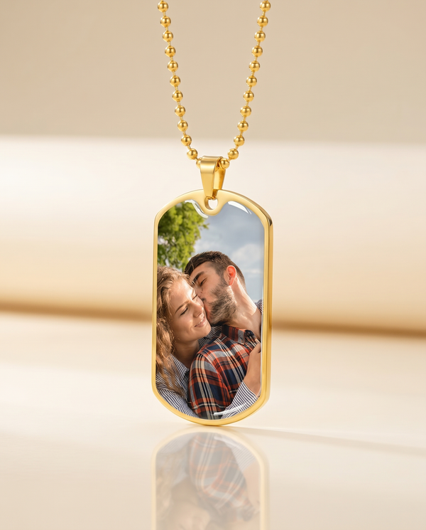 Gold custom photo dog tag necklace with a printed photograph, on a gold ball chain