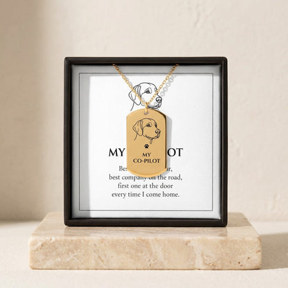 My Co-Pilot dog tag necklace in its gift box