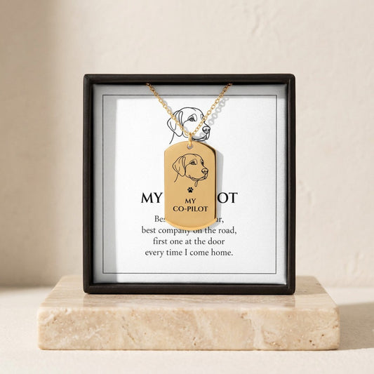 My Co-Pilot dog tag necklace in its gift box