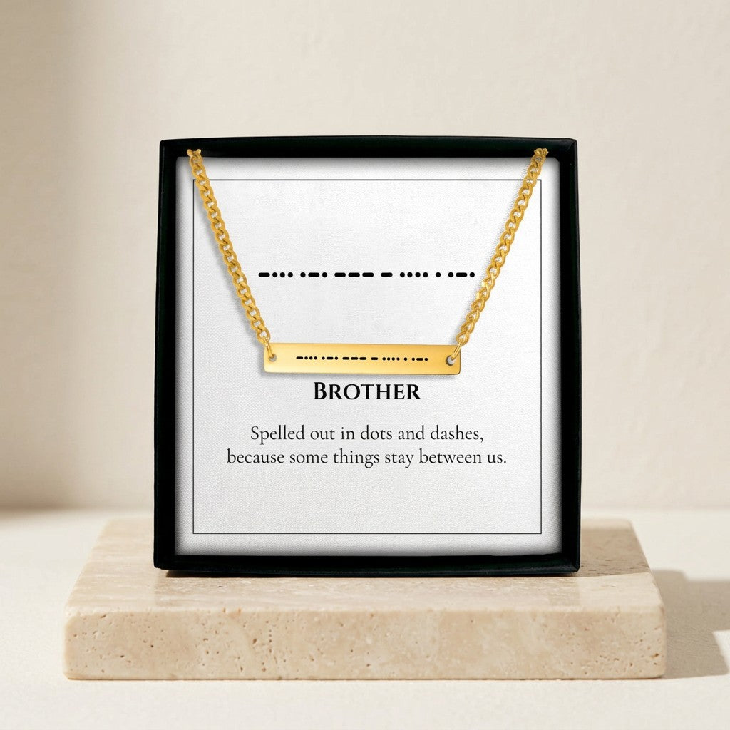 Brother Morse code bar necklace in its gift box