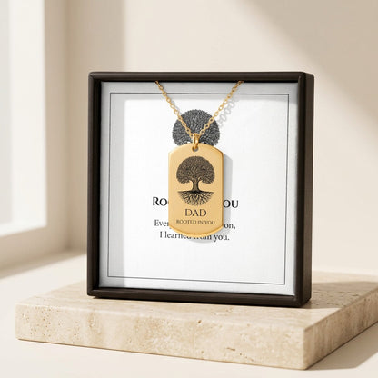 Rooted oak tree dad dog tag in its gift box