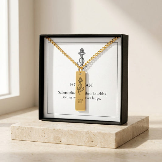 Hold Fast anchor bar necklace in its gift box