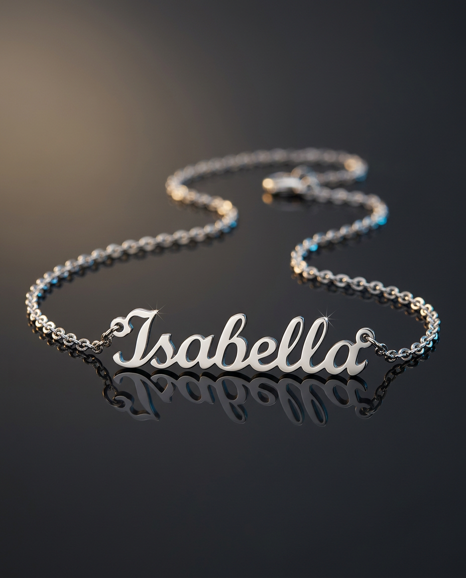 Steel name necklace reading Isabella on a dark reflective surface | Custom Name Necklace
