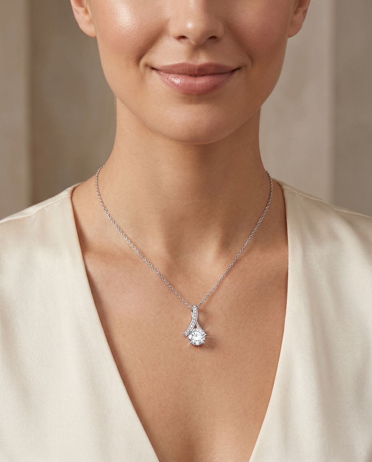 Woman wearing the Alluring Beauty solitaire crystal pendant at her collarbone | Alluring Beauty Necklace Gift for Daughter