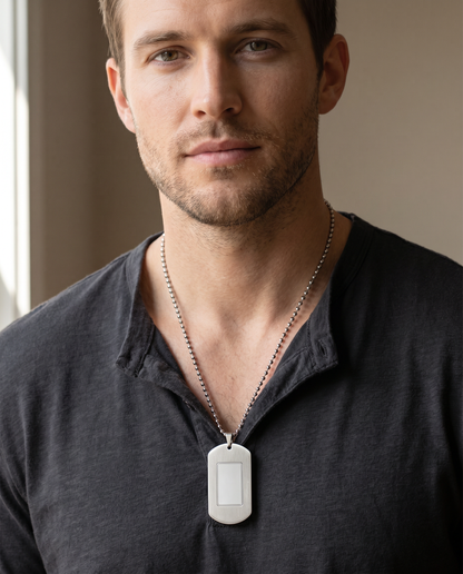 Man in a dark shirt wearing the steel dog tag necklace | Engraved Dog Tag Necklace