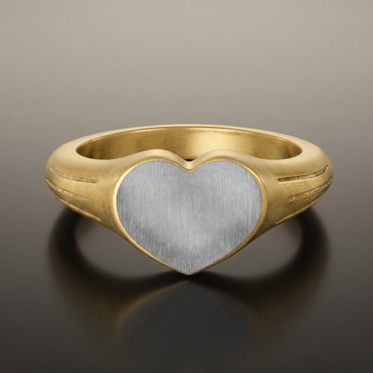 Engraved Heart Signet Ring on premium studio backdrop, high-contrast catalog shot