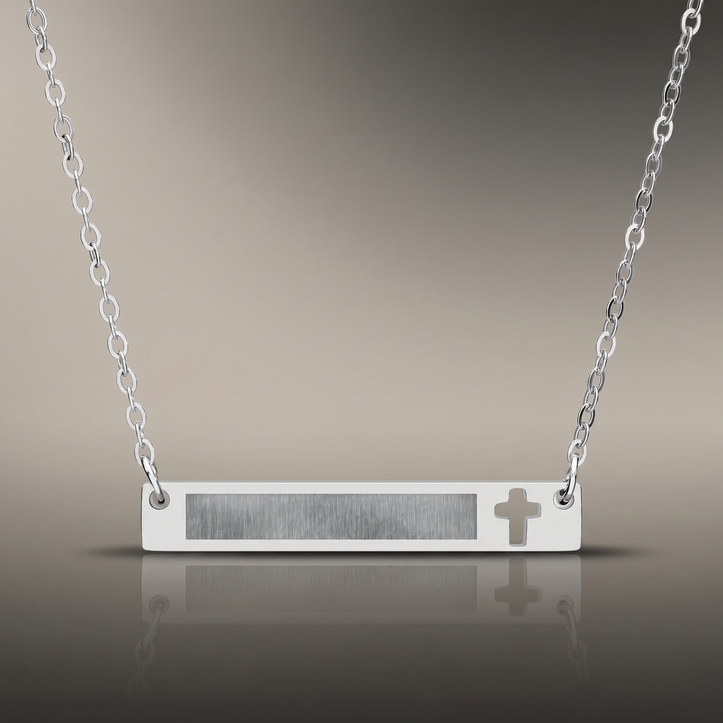Engraved Cross Bar Necklace on premium studio backdrop, high-contrast catalog shot