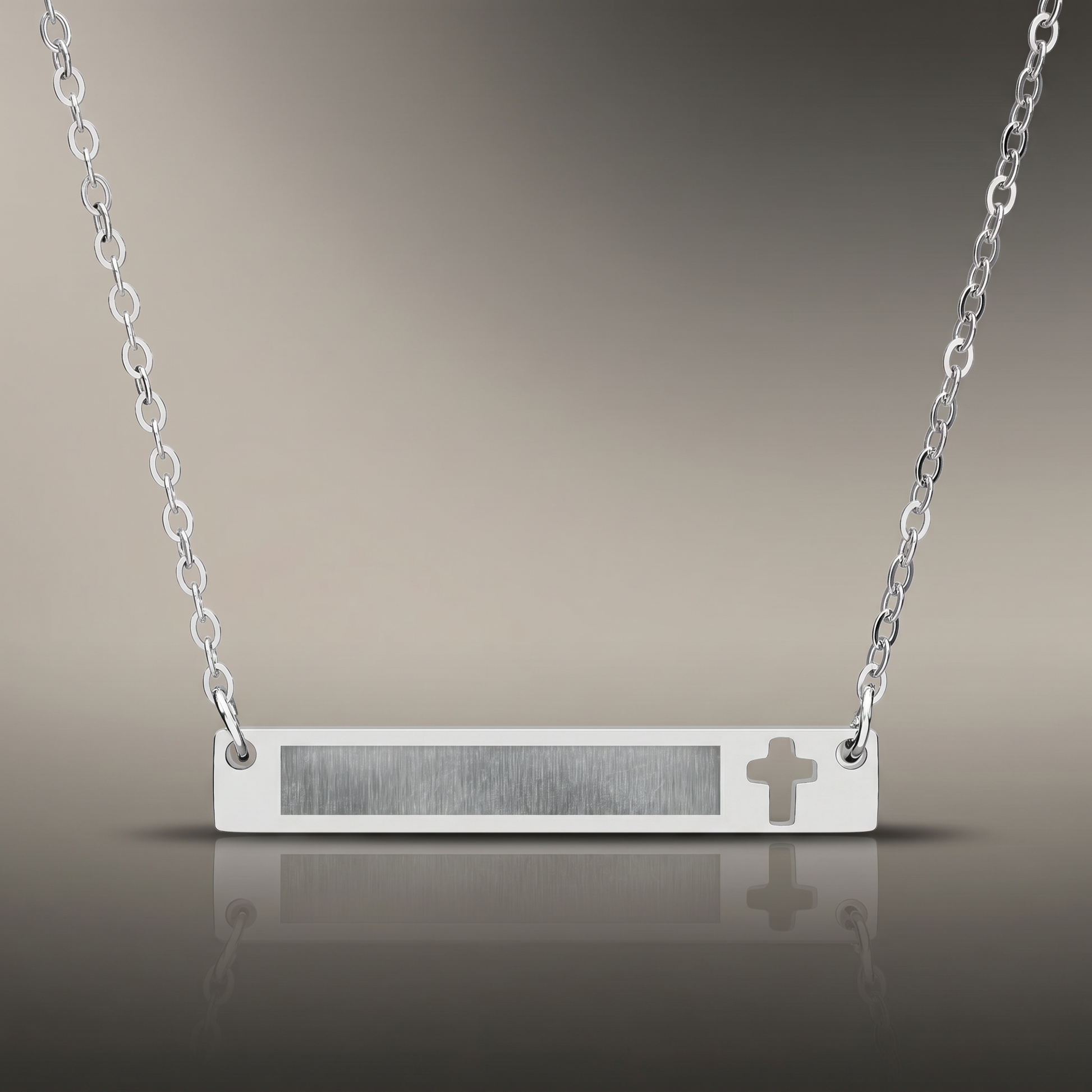 Engraved Cross Bar Necklace on premium studio backdrop, high-contrast catalog shot