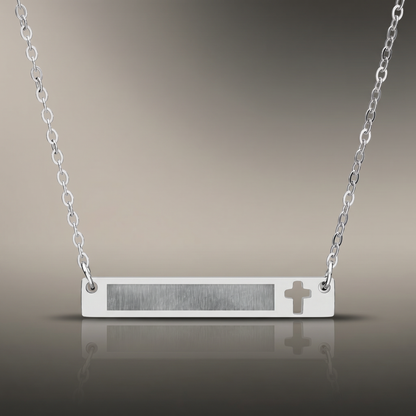 Engraved Cross Bar Necklace on premium studio backdrop, high-contrast catalog shot
