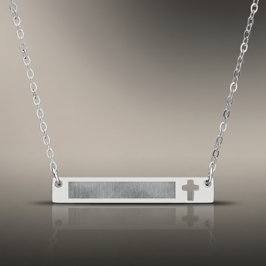 Engraved Cross Bar Necklace on premium studio backdrop, high-contrast catalog shot