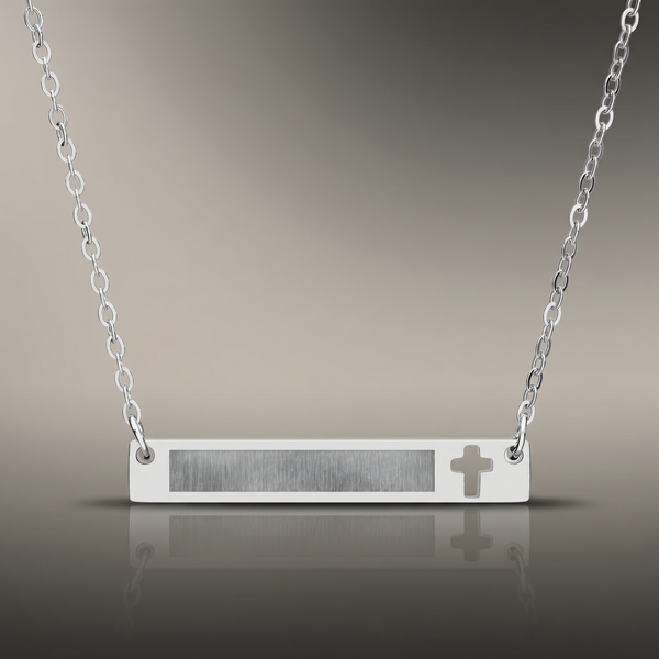 Engraved Cross Bar Necklace on premium studio backdrop, high-contrast catalog shot