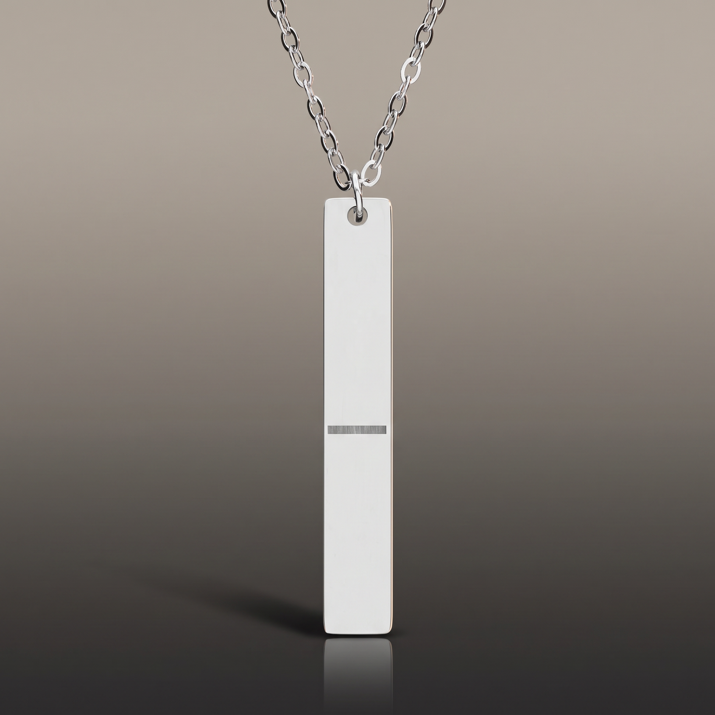 Engraved Vertical Bar Necklace on premium studio backdrop, high-contrast catalog shot