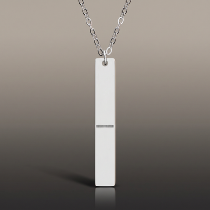 Engraved Vertical Bar Necklace on premium studio backdrop, high-contrast catalog shot