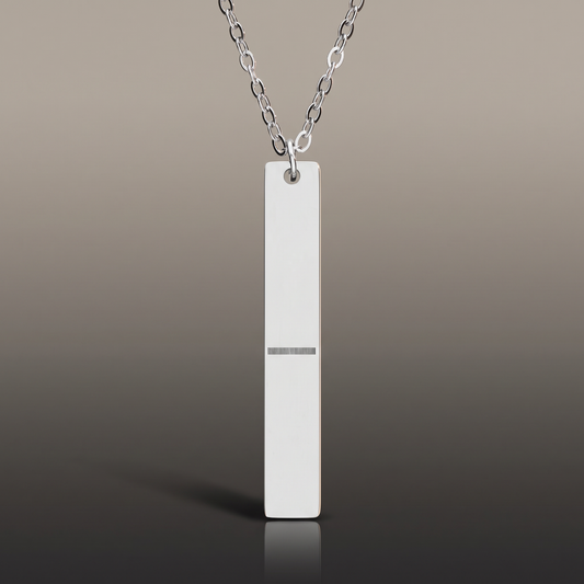 Engraved Vertical Bar Necklace on premium studio backdrop, high-contrast catalog shot