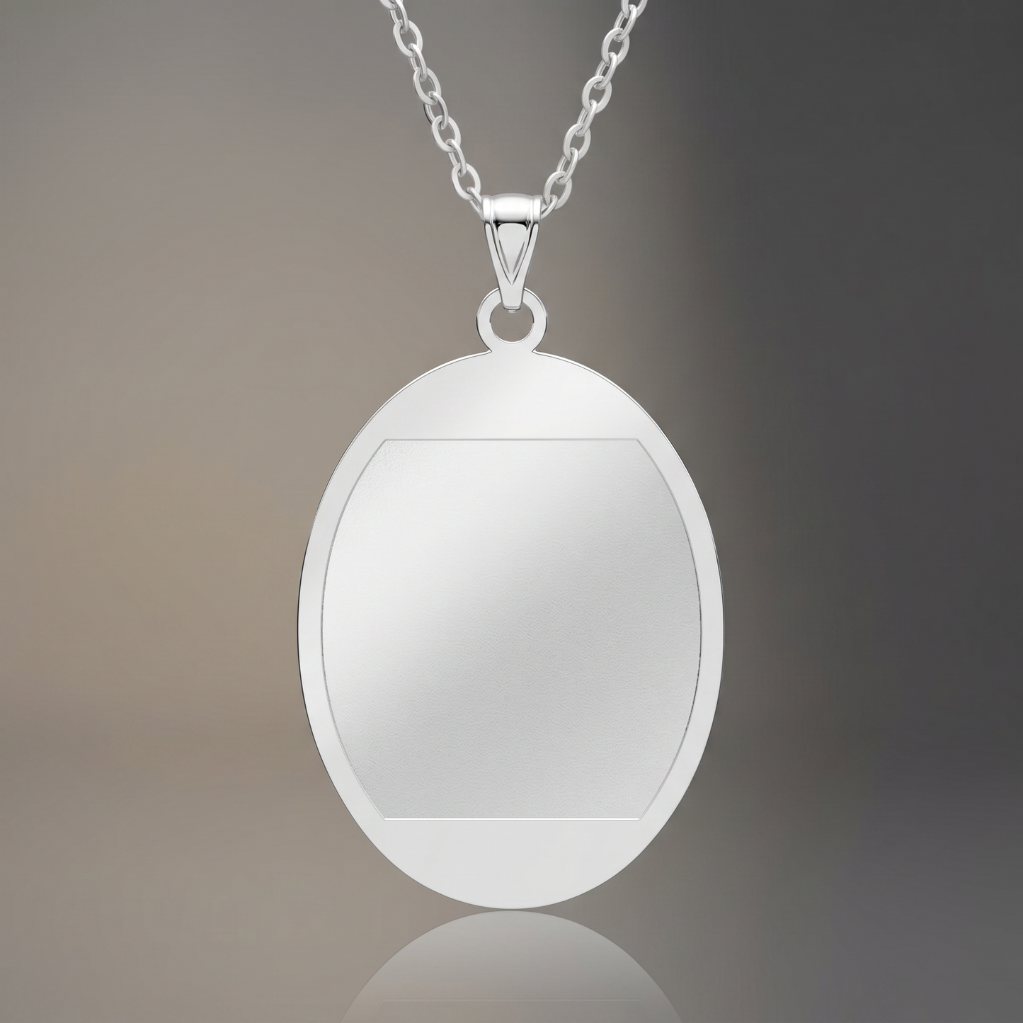 Photo Pendant Necklace Oval on premium studio backdrop, blank engravable surface