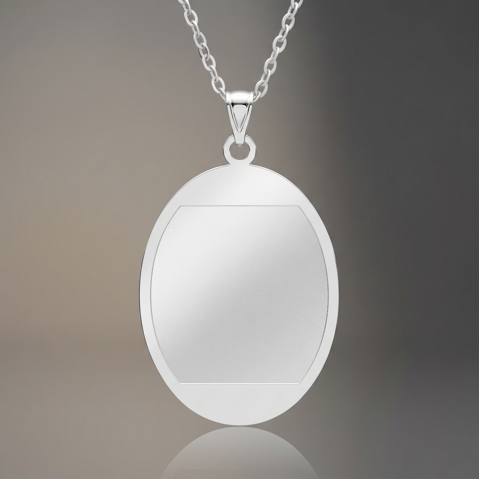 Photo Pendant Necklace Oval on premium studio backdrop, blank engravable surface
