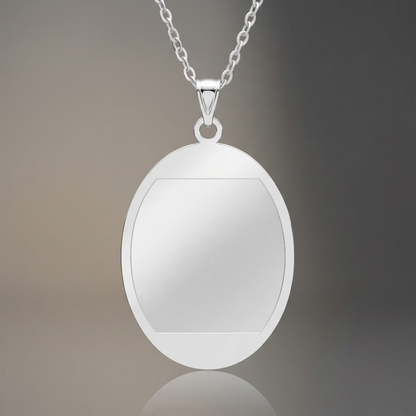 Photo Pendant Necklace Oval on premium studio backdrop, blank engravable surface