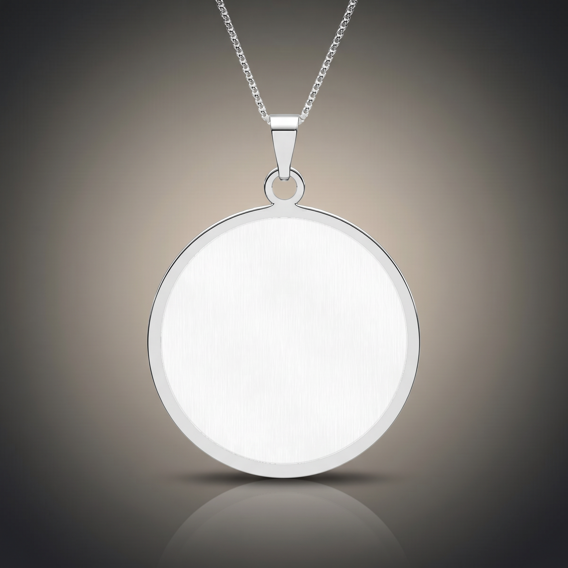 Photo Pendant Necklace Round on premium studio backdrop, blank engravable surface
