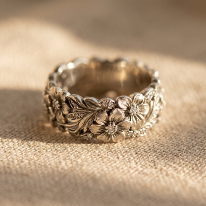 Engraved Flower Ring — macro detail