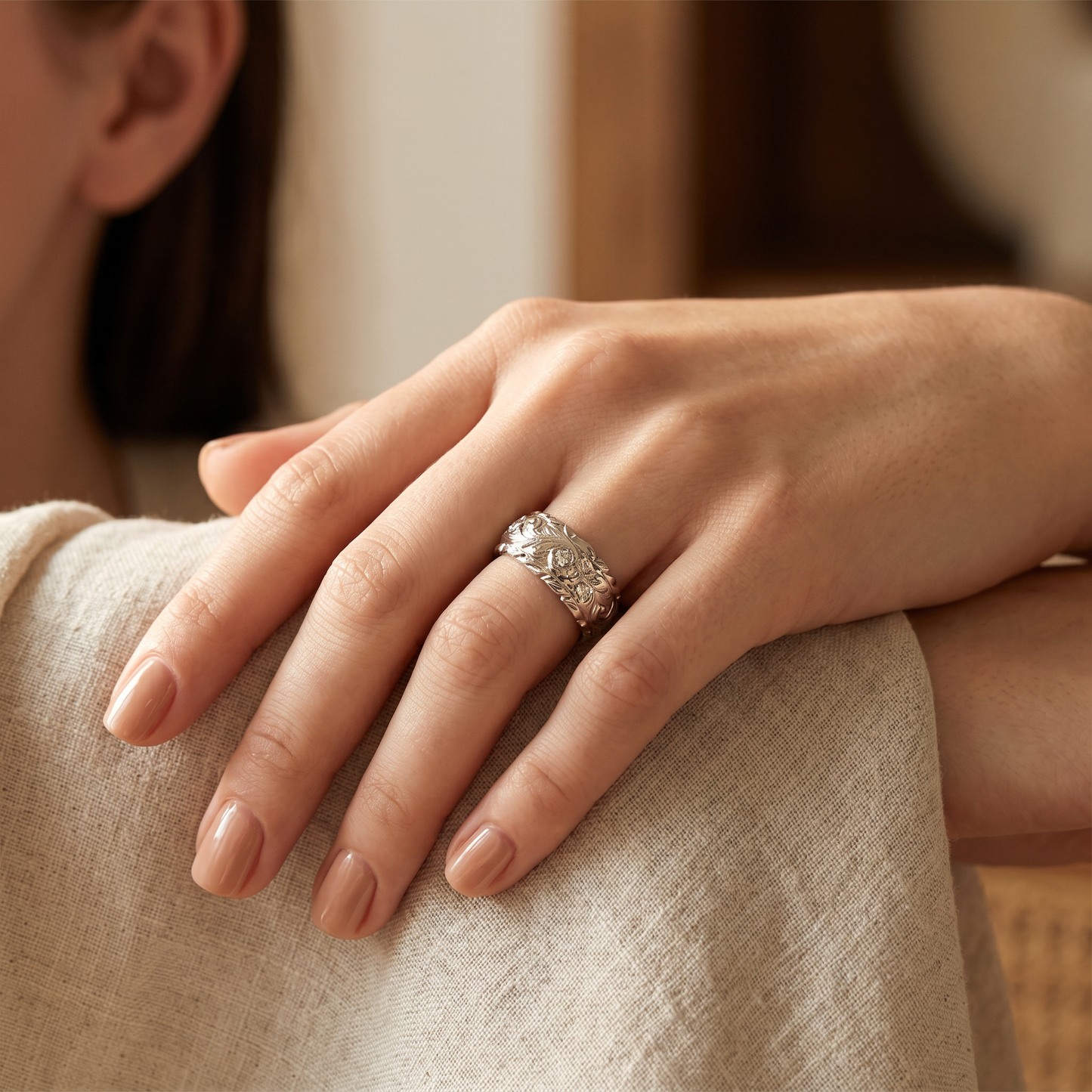 Engraved Flower Ring — worn on hand