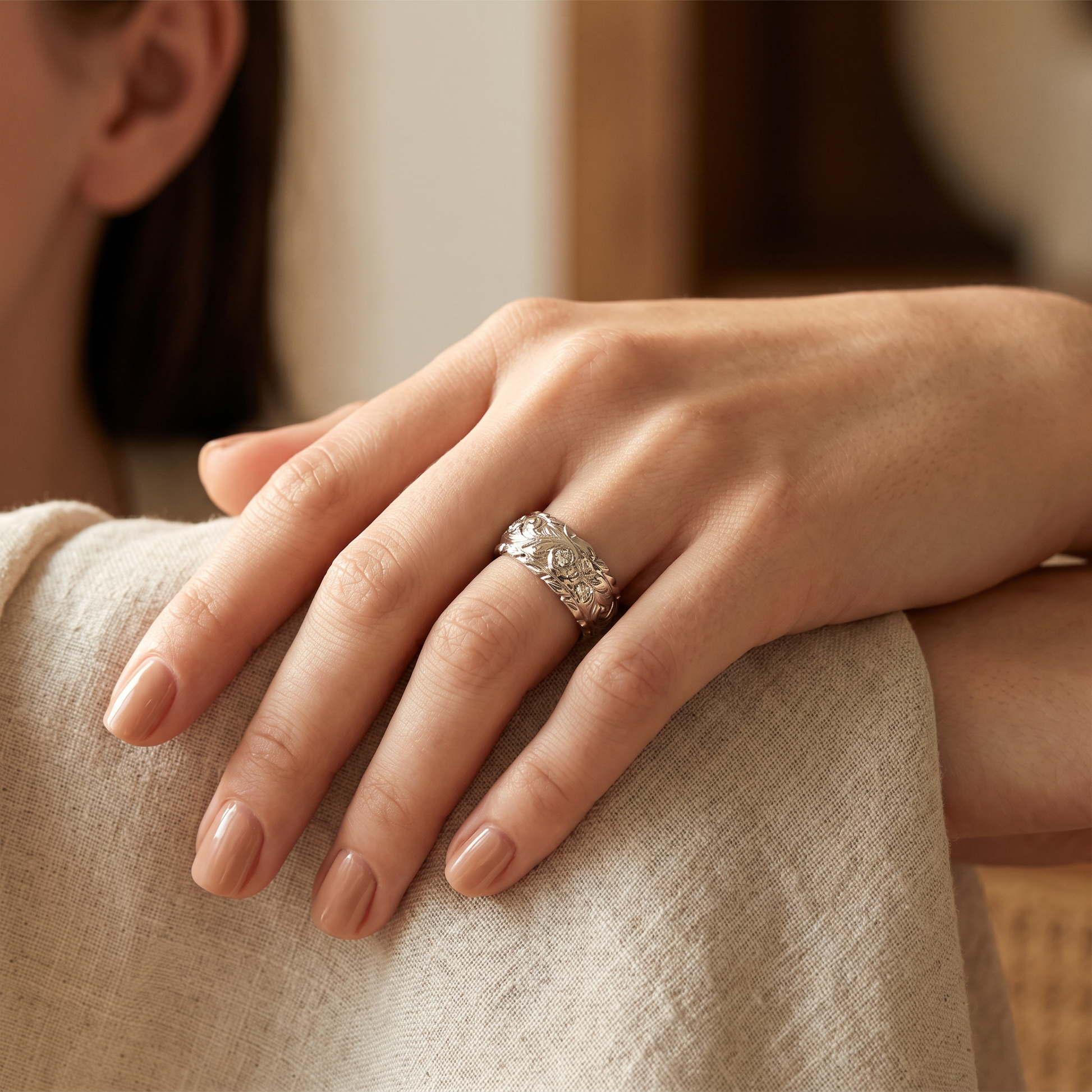 Engraved Flower Ring — worn on hand