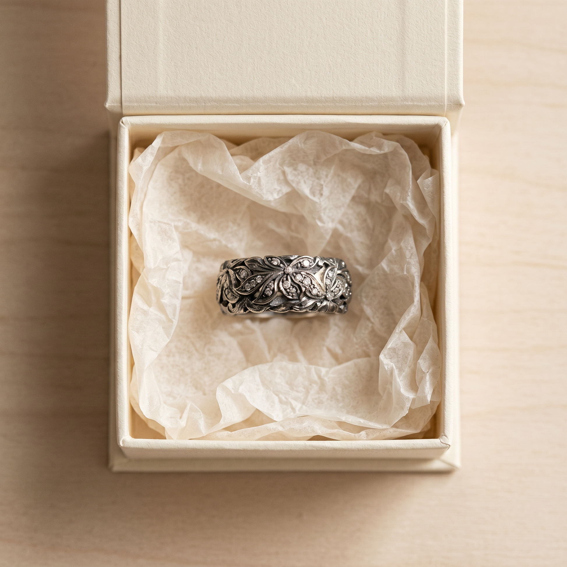 Engraved Flower Ring — gift box