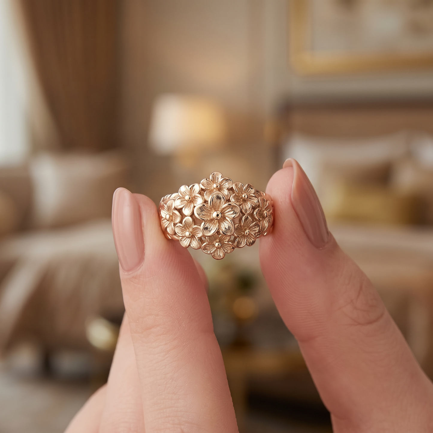 Engraved Flower Ring — in hand for scale