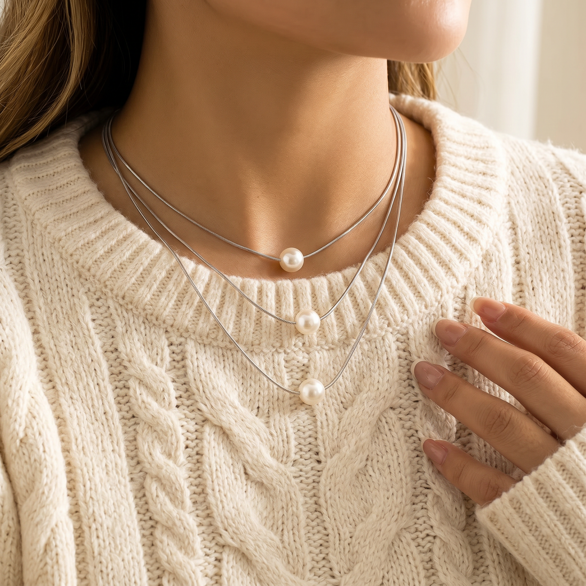 Boho Pearl Clavicle Necklace — worn at neckline
