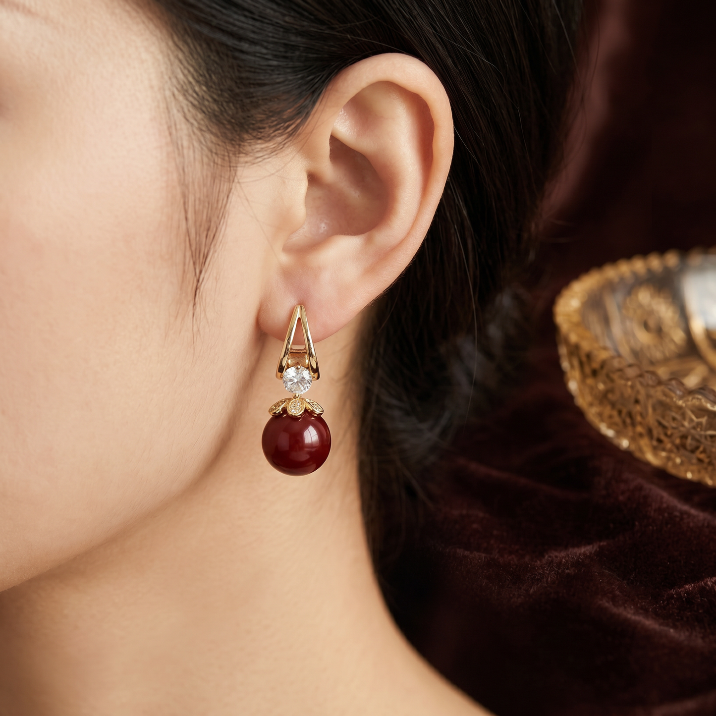 Crystal & Pearl Drop Earrings — worn