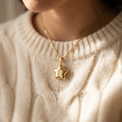 Star Locket Charm Necklace — worn at neckline