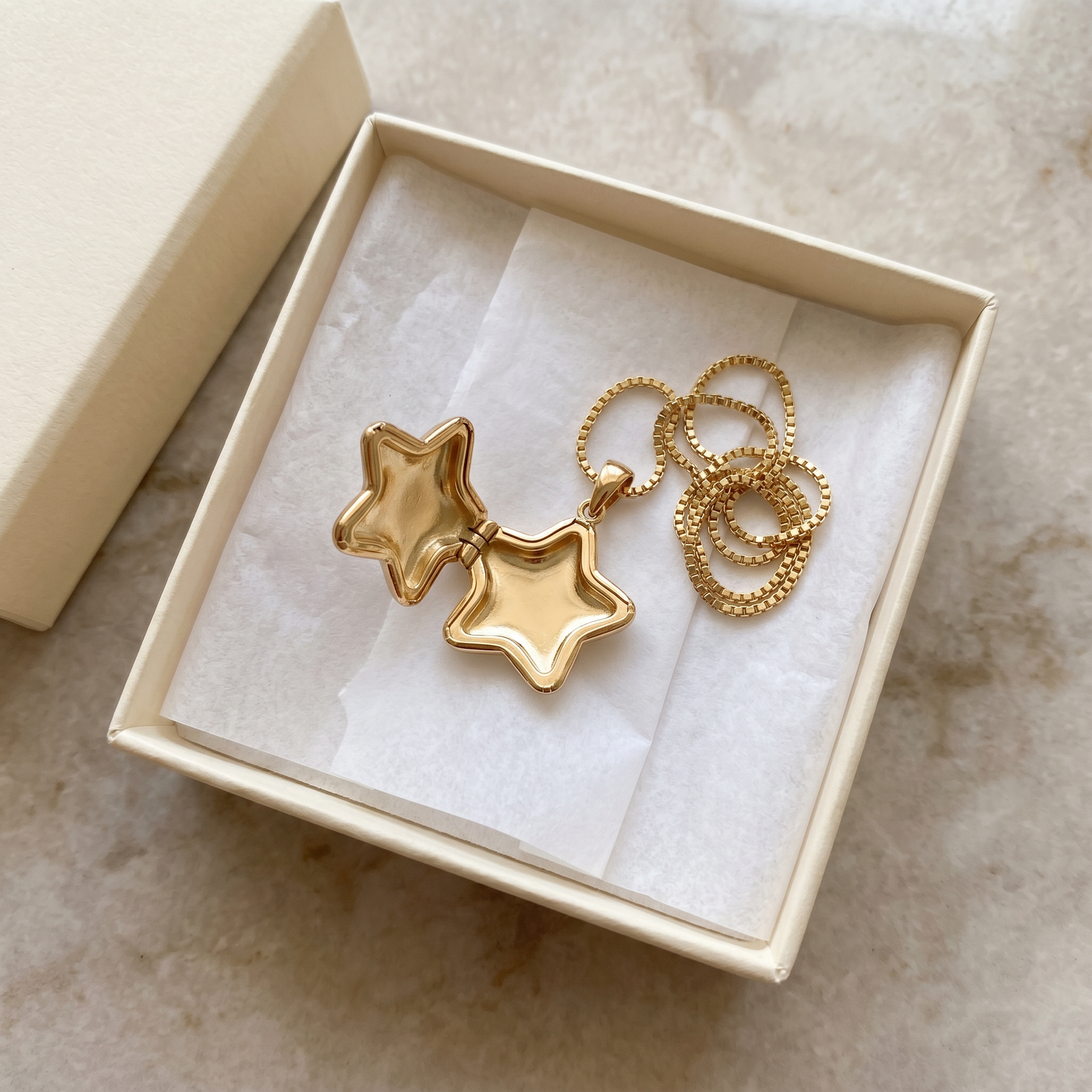 Star Locket Charm Necklace — gift box