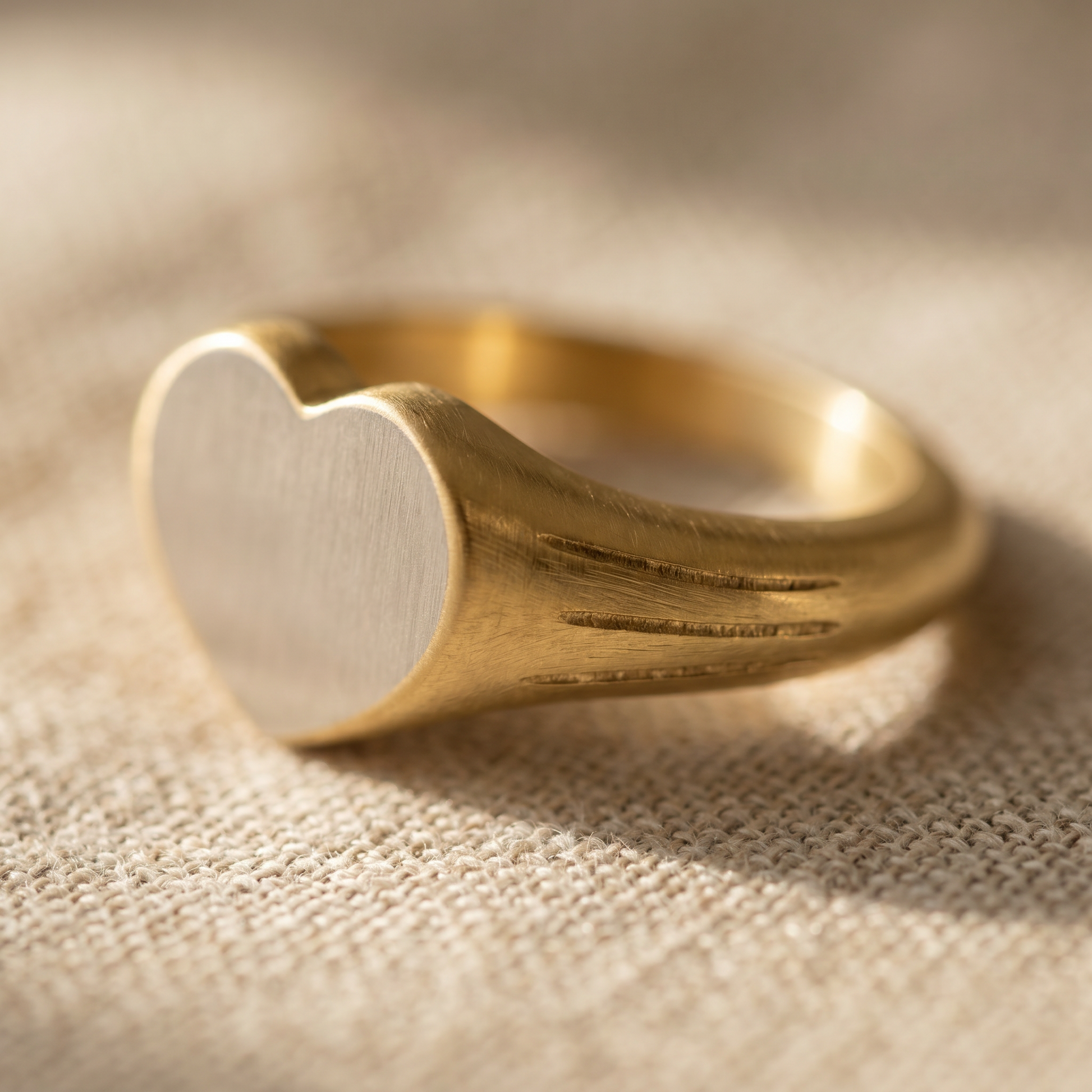 Engraved Heart Signet Ring — macro detail