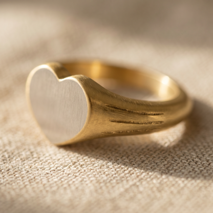 Engraved Heart Signet Ring — macro detail