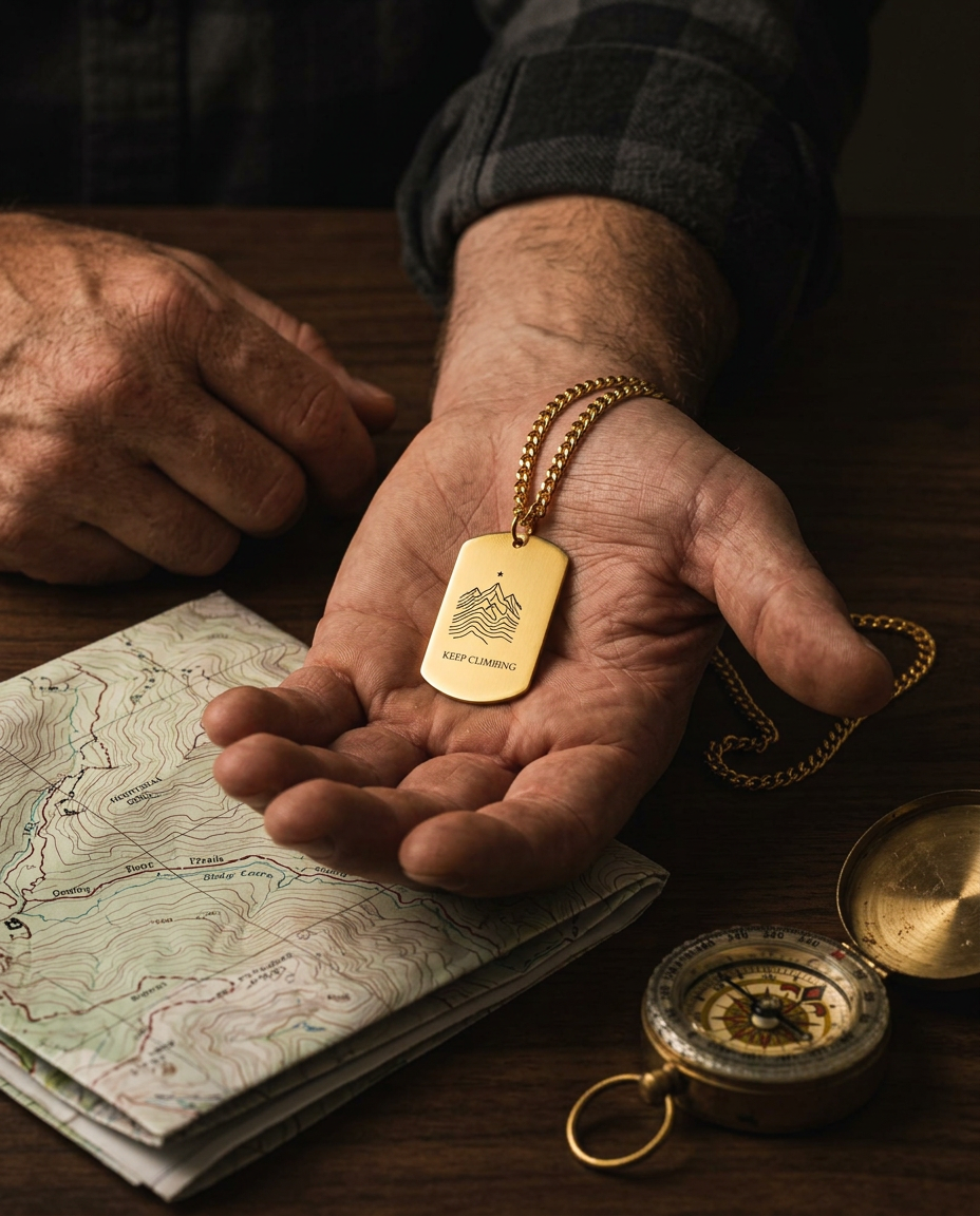 Mountain ridge Cuban chain dog tag necklace resting in a man's hand over a trail map (styled lifestyle image)