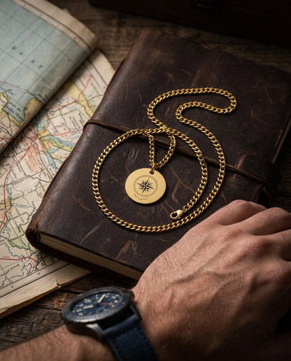 Compass rose coin necklace on a leather journal beside a road map (styled lifestyle image)