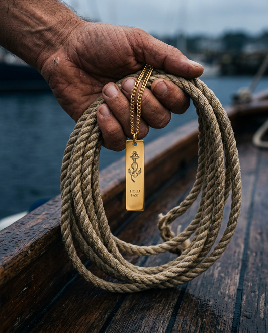 Hold Fast anchor bar necklace held in a man's hand over boat rope (styled lifestyle image)