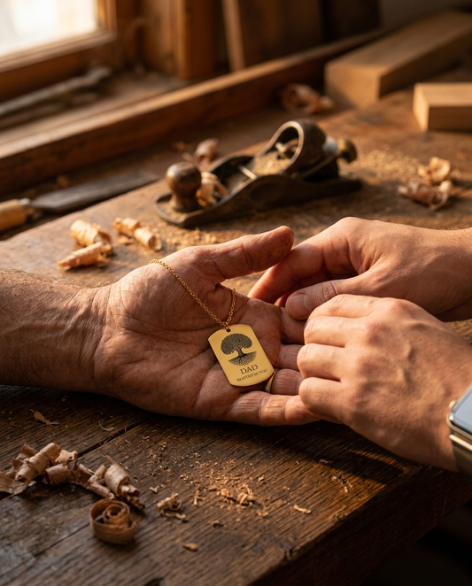 Oak tree DAD dog tag passed from a son's hand to his father's over a workbench (styled lifestyle image)