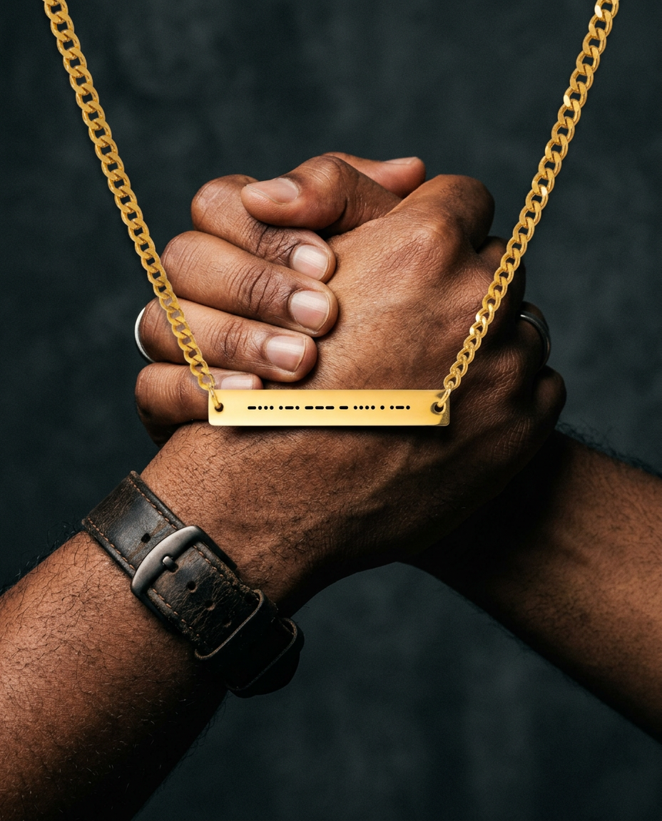 Brother Morse code bar necklace draped over two men's clasped hands (styled lifestyle image)