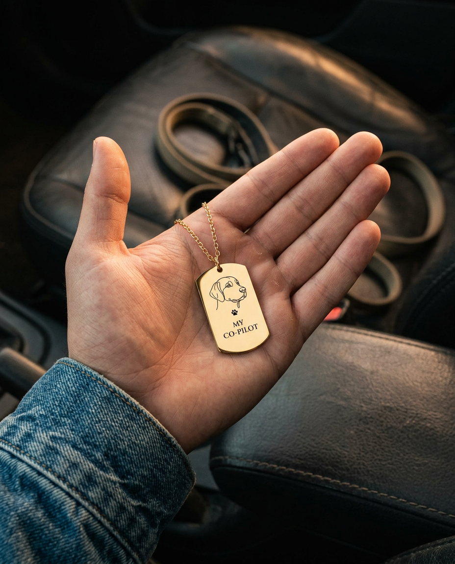 My Co-Pilot dog tag necklace resting in a man's open hand inside a car (styled lifestyle image)